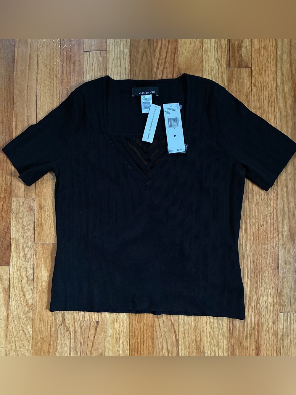 NWT Jones New York Black Solid Knit Square Neck Short Sleeve Top Women’s Size M